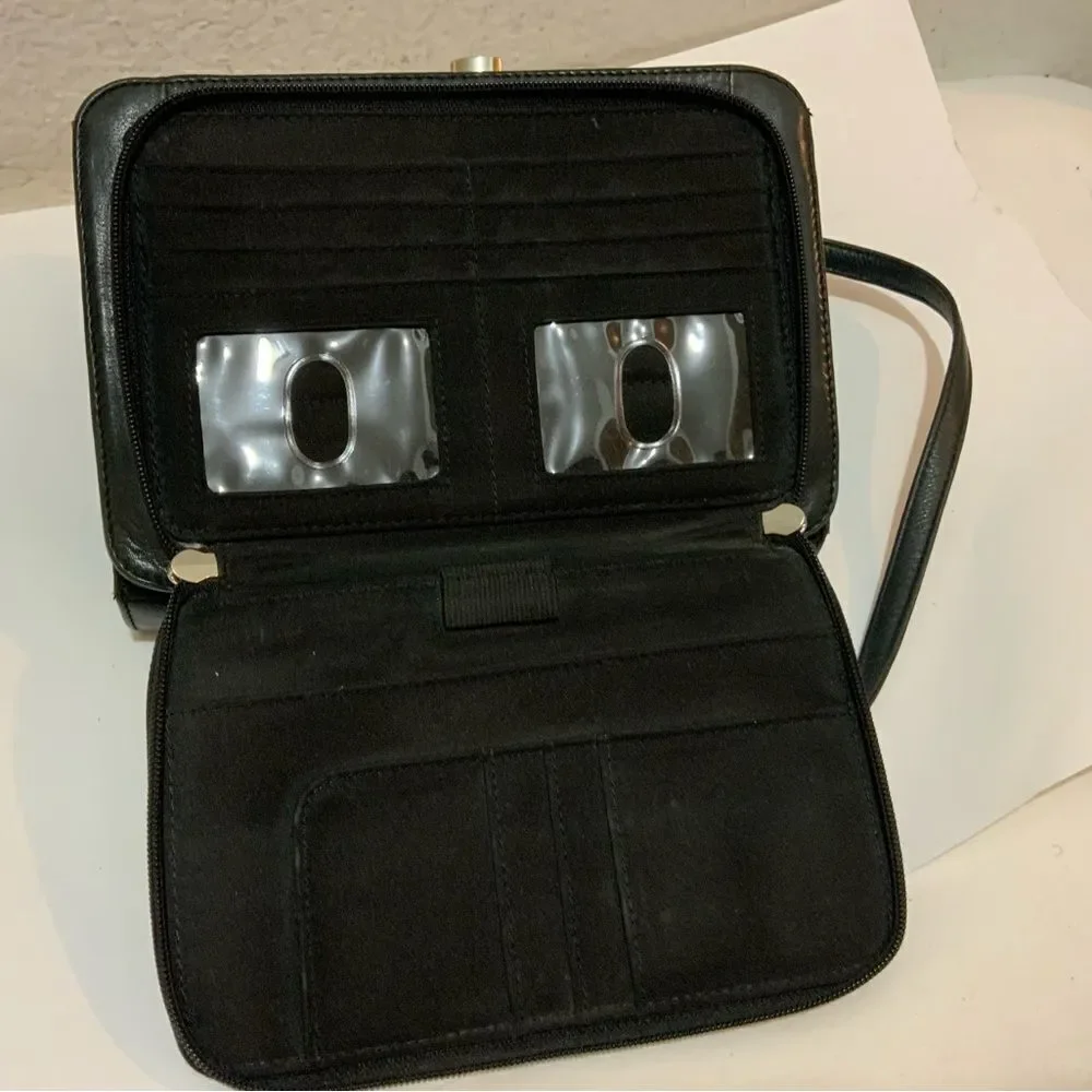 FOSSIL Black Leather CROSSBODY Kiss Lock Snap  Zip ORGANIZER HANDBAG 8x6x2 in